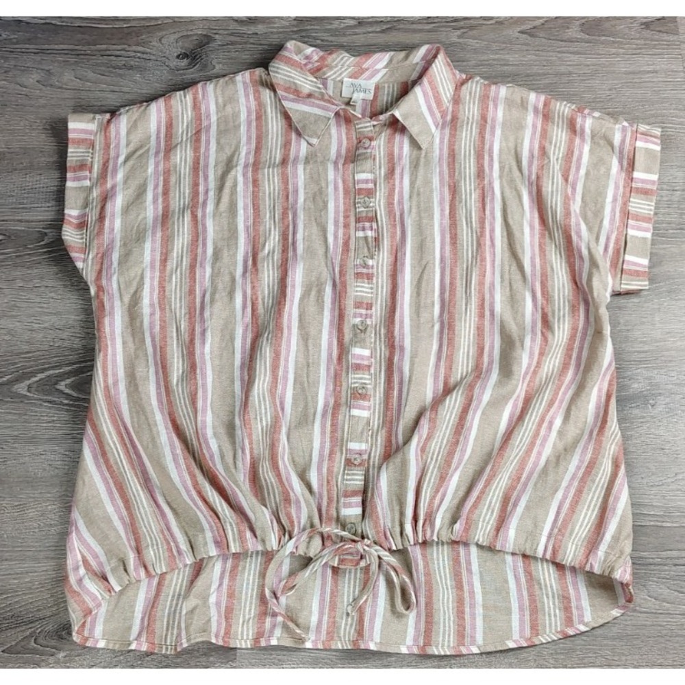 Ava James Womens Linen Blend Shirt Top Striped Button Short Sleeve Beige Sz 2X